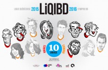 Bannière web : dessins 12 portraits comiques des équipes. LiQIBD 2016. Logo des quatre entreprises et organismes collaborateurs.