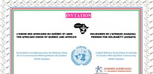 Partie supérieure (tronquée) de l'affiche : logo de l'UAQASA, soit continent africain en noir et fleur de lys blanche. Logo de l'ONU avec le nom Canada au-dessus. Logo passé des JQSI qui ressemble à un bonhomme allumette en mouvement dans un cercle orange.