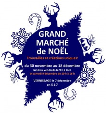 Affichette : un grand cercle bleu marin est entouré de cerfs, cannes de Noël, flocons de neige et boules de Noël. « Trouvailles et créations uniques ! »