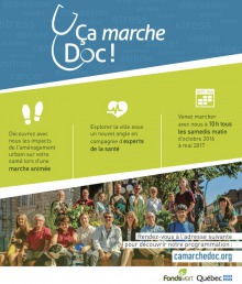 Affiche : photo de gens posant (souriants) sur des bancs en bois de l'ancienne église Jacques-Cartier. Découvrez et explorez la ville avec des experts de la santé.