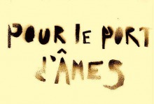 Slogan: Pour le port d'Ames. Lettres noirs en jet de peinture sur un fond beige.