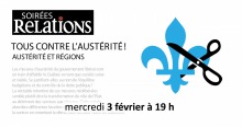 Affichette : une paire de cisseau coupe la Fleur de Lys du Québec. Logo : Soirées Relations.