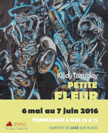 Affichette : dessin comme à la craie colorée sur un tableau noir, représentant deux musiciens de saxophone.