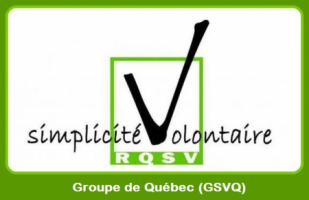 Logo du Réseau québécois de simplicité volontaire : un crochet noir dans une case verte.  Le crochet remplace la lettre V dans volontaire.