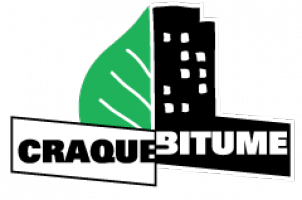 Logo Craque Bitume : moitié feuille verte, moitié immeuble noir avec plusieurs petites fenêtres blanches.