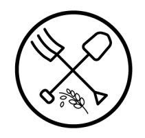Logo : dessins simples ou linéaires d'une fourche et d'une pelle croisées. Dessous, un épi de blé. Le tout dans un cercle noir.