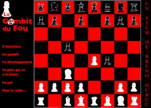 Image conçue pour le site officiel : jeu d'échec rouge et noir ; quelques pions sont avancés. La lettre a du mot gambit est le symbole anarchiste classique. « Un film de Burno Dubuc ».