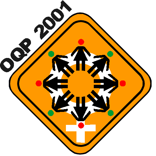 Logo des Amères Noël : panneau de signalisation orange, « OQP 2001 », 8 femmes allumettes en cercle, têtes vertes et rouges. Derrière, le symbole blanc de la femme.