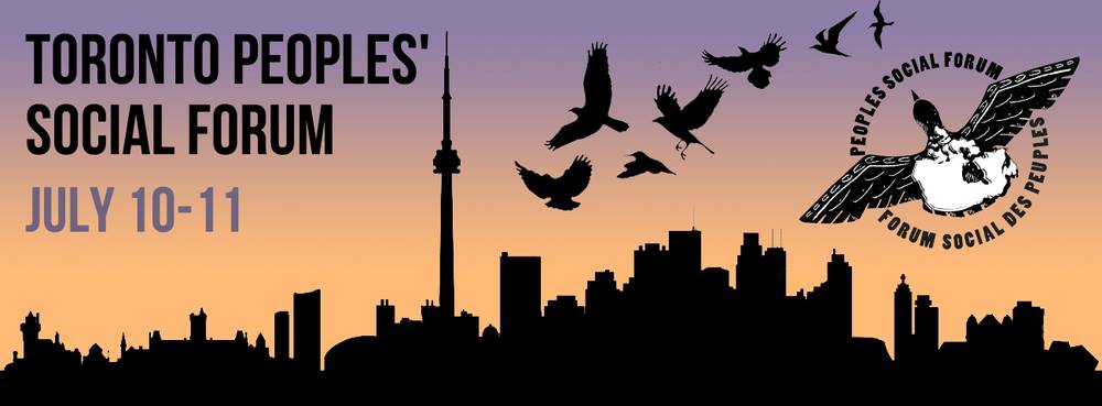 Banner : shadow of Toronto landscape, shadows of birds flying. Orange and purple sky. Toronto Peoples' Social Forum