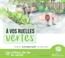 Affichette produite à partir de la page couverture des fiches en format PDF : dessin de deux jeunes filles marchant dans ce qui ressemble à un parc vert urbain. « À vos ruelles vertes - Transformation de votre ruelle ! » Logo : milieux de vie en santé - Nature Québec.