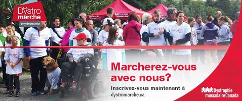 Bannière sur fond d'une photo d'une édition passée : foule de gens, dont des enfants, portant des t-shirt blancs, devant un ruban rouge prévu pour le départ. Marcherez-vous avec nous ? - Dystrophie musculaire Canada.