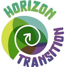 Logo Horizon Transition : spirale dont le fond sont des formes ovales jaune, verte, bleu et mauve. La fin de la spirale est une flèche.