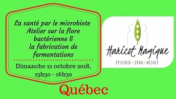 Affichette sur fond vert saturé et vif : titre et date. Logo de Haricot Magique : un haricot vert à trois pois.