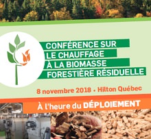 Affichete : photo d'une forêt boréale ; logo : plante à six feuilles, deux génèrent des flammes orange. 8 novembre 2018 - Hilton Québec.