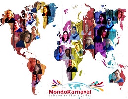 Carte du monde, mais aux couleurs vives et de nombreux visages de femmes superposés au-dessus des continents.