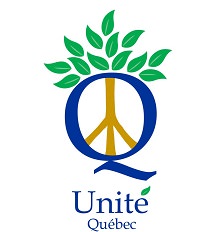 Unité Québec : lettre Q en grand et bleu ; une lettre juive doré au milieu (ressemble à un Y en envers) ; des feuilles vertes au-dessus.