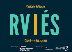 Affichette, réduite : RVIÉS Capitale-Nationale, en grandes lettres turquoise et le i est jaune. Logo de la Caisse d'économie solidaire, du PôleCN et de la TRÉSCA.