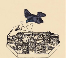 Dessin sur fond beige ancien : un oiseau noir surdimensionné agrippe une lettre avec son bec, tenue par une main surdimensionnée jaillissant de ce qui ressemble à une ville fortifiée, mais on devine être une prison.