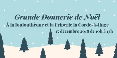 Affichette sur fond turquoise : sol blanc, plusieurs sapins vert émeraude, flocons de neige blanc. Grande Donnerie de Noël