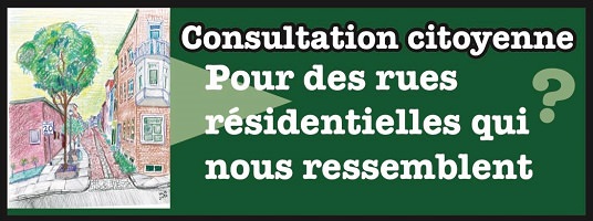 Affichette sur fond vert pomme : dessin coloré (pastelle) d'une rue résidentielle, avec arbre, trottoir large. « Consultation citoyenne pour des rues résidentielles qui nous ressemblent »