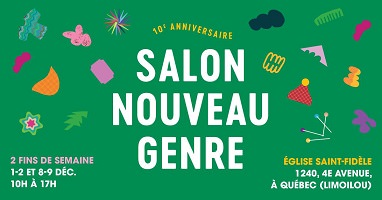 Affichette sur fond vert : petits dessins colorés d'objets difficile à décrire.