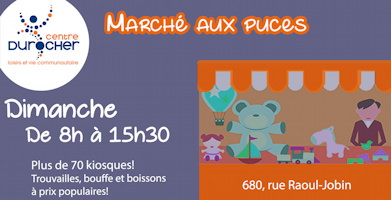 Affiche : dessin informatique d'un comptoir commercial extérieur avec des ours en peluche, jouets, etc. Logo Centre Durocher : des petits ronds bleu marin et orange forment une forme humanoïde aux bras levés.