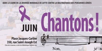 Affichette sur fond très flou d'un orchestre et d'une foule : ruban mauve. « Chantons ! ». Dessin de notes de musique.