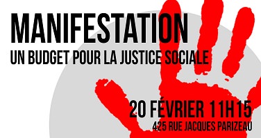 Affichette : empreinte rouge d'une main ouverte. Manifestation un budget pour la justice sociale. 