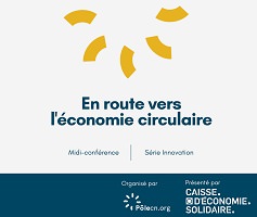 Affichette sur fond blanc : cinq lignes épaisses et courbes, de couleur jaune, forment comme une roue ou un demi-soleil.Logo PôleCN et Caisse d'économie solidaire.