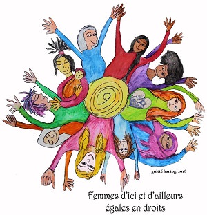 Dessin pour le comité Femmes d'ici et d'ailleurs égales en droit : plusieurs personnages féminins, multicolores, autour d'une spirale. - par Guitté Herzog.