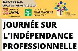 Version réduite de l'affiche : trois logo, soient Univ. Laval ; Ordre des pharmaciens (sic) du Québec ; Institut de l'éthique appliquée.
