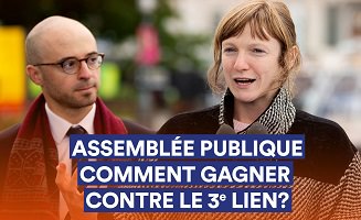 Affichette sur fond d'une photo de Sol et de Catherine marchant sur la rue. Catherine parle, et Sol regarde, à l'écoute. « Assemblée publique »