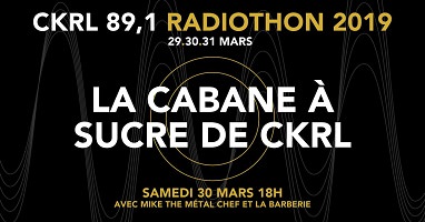 Affichette sur fond noir : des lignes fines et grises forment des onde, ainsi qu'un cercle au milieu. Radiothon 29, 30 et 31 mars 2019.