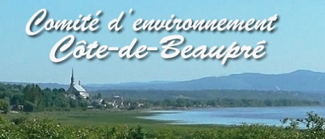 Bannière tirée du site du Comité d'environnement Côte-de-Beaupré : photo d'un vaste paysage de verdure, de montagnes lointaines, et d'une église visible au loin dans la Côte-de-Beaupré.