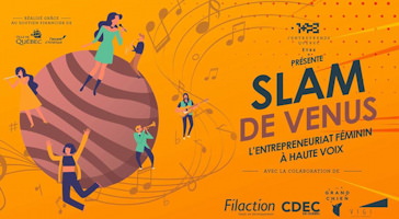 Affichette sur fond jaune-orange : dessin d'une sphère rosée, rayée par des lignes plus foncées. Des petits personnages féminins se tiennent dessus ici et là. Une change, une danse, musiciennes, etc. Logo des organismes collaborateurs.