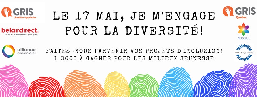 Bannière sur fond blanc : des empreintes de pouce, de couleurs différentes. « Faites nous parvenir vos projets d'inclusion ! 1000 $ à gagner pour les milieux jeunesse ». Six logo des organismes nommés dans l'annonce ci-contre.