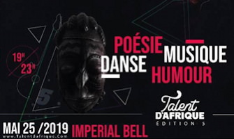 Affichette sur fond noir : masque en bois traditionnel. « poésie danse musique humour »