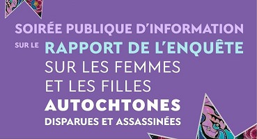 Affichette sur fond violet : des bouts de triangles au haut et au bas contiennent des dessins colorés représentant des animaux, avec un style autochtone nord-américain. « Soirée publique d'information ...»