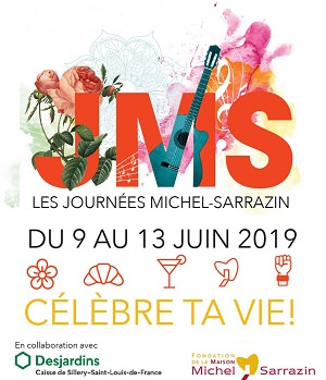 Affichette : JMC, en grandes lettres rouge framboise. Des fleurs, une guitare, une note de musique, autour des lettres. Logo : Caisse Desjardins ; Maison Michel Sarrazin ; resto Saint-Hubert.