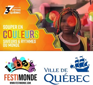 Deux affichettes : « Fêtons Québec » et le titre sur fond orange et jaune dégradé. Photo d'une jeune fille à la peau brune et cheveux multicolore. Logo : Festimonde (six icônes en noir et fond multicolore) et Ville de Québec.