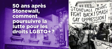 Affichette : photo à filtre mauve du bar Stonewall ; photo en noir et blanc de manifestants aux cheveux longs avec bannière « Stonewall means fight back ! Smash gay oppression ! ...».