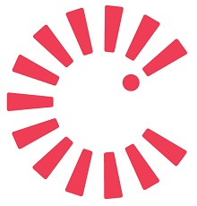 Logo : de courtes et épaisses lignes de couleur rose forment un cercle. Une des lignes forme un point d'exclamation (!).