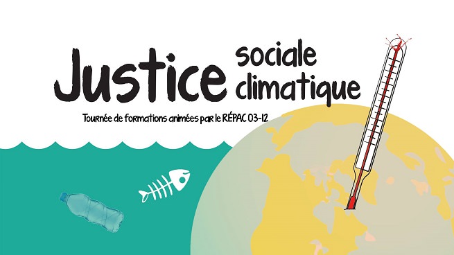 Affichette : globe terrestre gris, avec continents jaunes, en un thermomètre planté dedans. Le tout baigne dans une mer turquoise avec un poisson mort et une bouteille d'eau en plastique qui flottent. « Tournée de formations animées par le RÉPAC 03-12 »