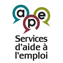 Logo APE - Services d'aide à l'emploi : les lettres a p e sont chacune dans une bulle de paroles, de couleurs différentes : bleu-vert, vert olive, rouge vin.