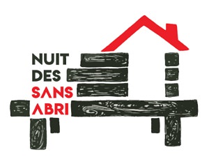 Affichette carrée sur fond blanc : dessin d'une cabane en bois noir à moitié construite, avec un toit rouge.