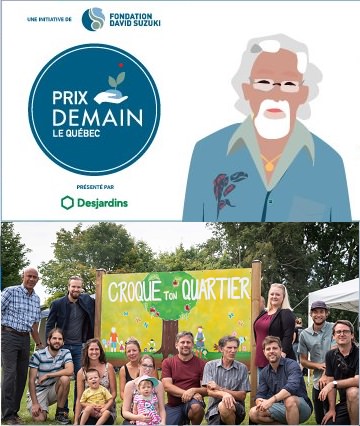 Affichette du concours, avec dessin comique de David Suzuki et logo Desjardins, et photo de groupe Croque Ton Quartier : 14 personnes, femmes/hommes, dont deux bambins, et pancarte jaune avec dessin d'un arbre..