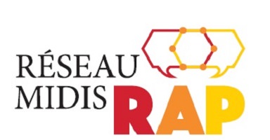 Logo : Réseau midis RAP. Le R est rouge ; le A orange ; le P jaune. Au-dessus, comme des bulles de pensées, mais hexagonales, et jointes ensemble sur six points convergents.