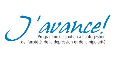 Logo : « J'avance ! » en lettres bleu ciel manuscript. « Programme de soutien à l'autogestion de l'anxiété, de la dépression et de la bipolarité.