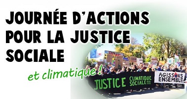 Affichette : le titre en grandes lettres noires, sauf « et climatique » qui est en vert. Photo floue d'une foule tenant deux bannières « Justice climatique sociale !!! » et « Agissons ensemble ».