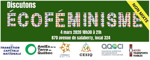 Affichette horizontale sur fond vert forêt et blanc : le mot écoféminisme en grandes lettres larges, remplies de petits personnages multicolores. Logo des organismes au bas.